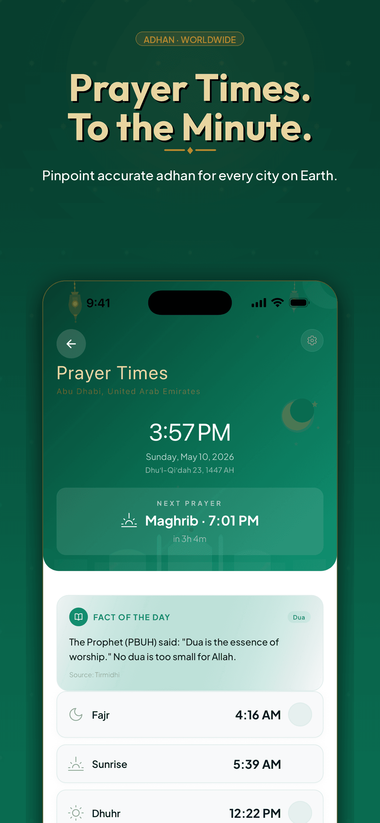 PocketQuran prayer times screen — next prayer time and full daily schedule for the user's city, with calculation method picker.
