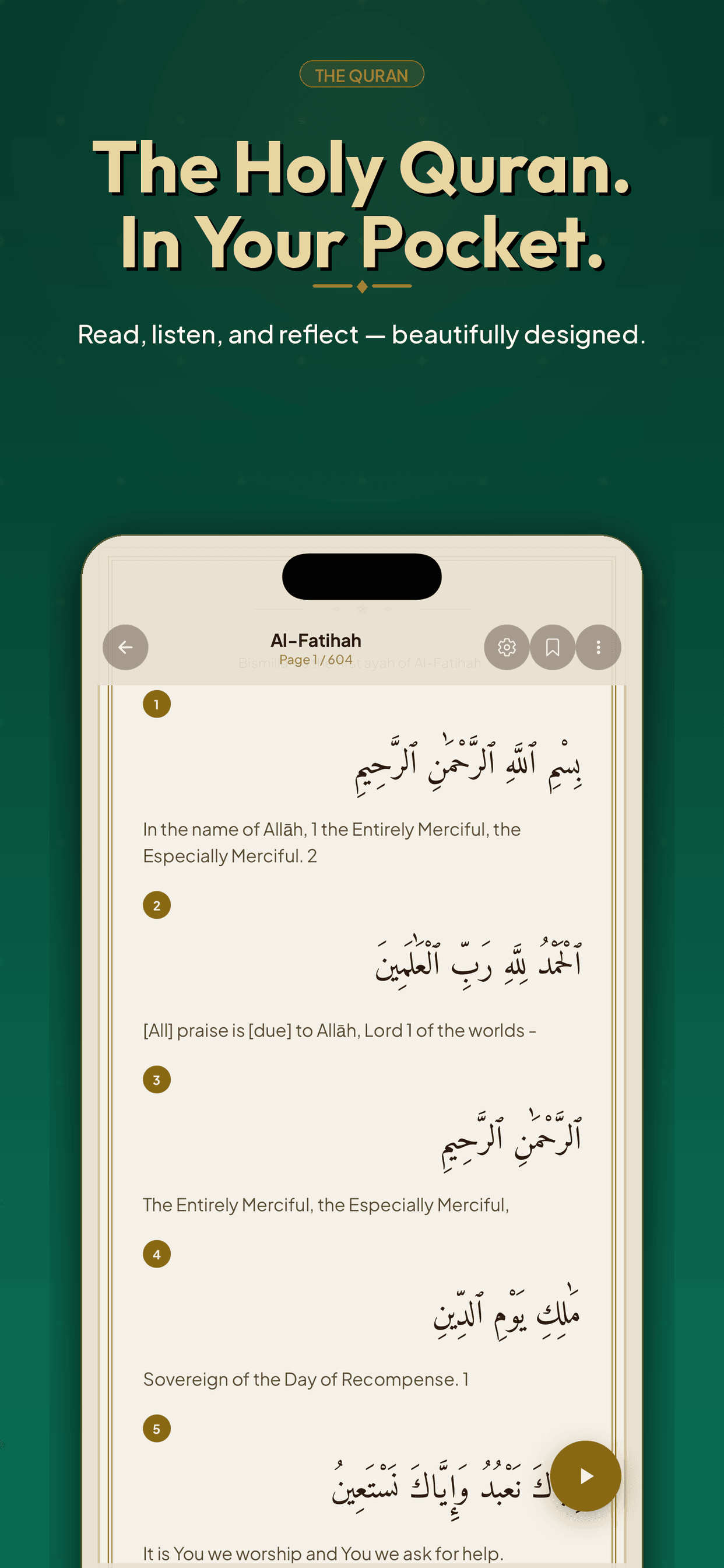 PocketQuran Quran reader showing Surah Al-Fatihah in mushaf-style Arabic with English translation alongside.