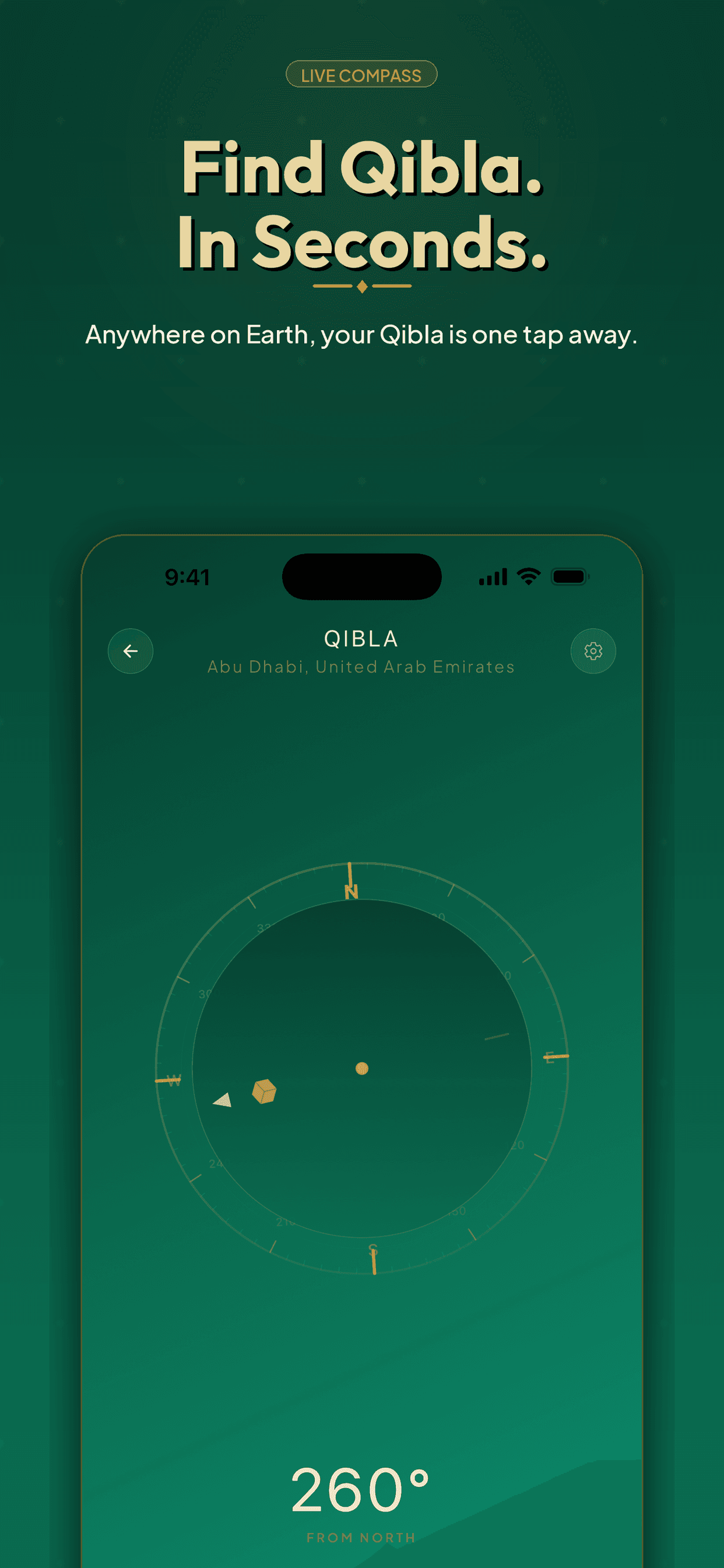 PocketQuran Qibla screen on iPhone — direction, at a glance..